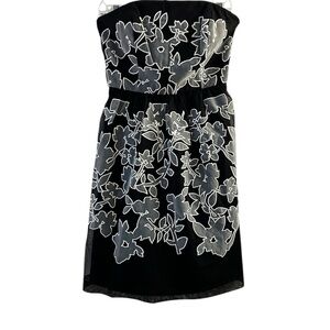 Strapless Dress. Black, White, Grey. Floral embroidery. Cocktail & Event Dress.